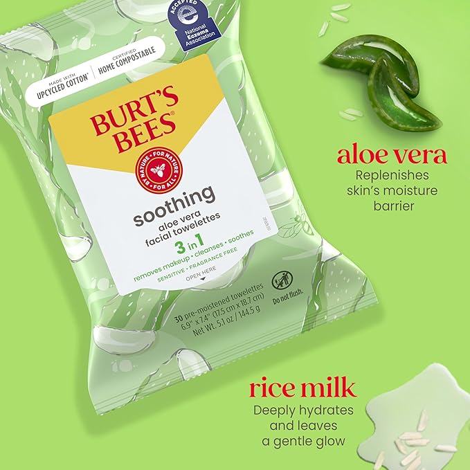 Burt's Bees Back To School Dorm Essentials, Aloe Vera Face Wipes, for Sensitive Skin, Soothing Makeup Remover & Facial Cleansing Towelettes, 30 Ct. (3-Pack)-GlimoraGlow