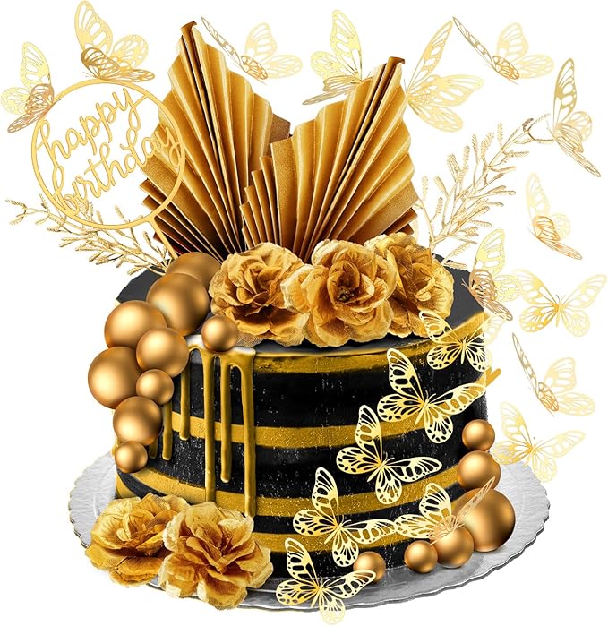 Shimeyao 52 Pcs Wedding Birthday Gold Cake Decoration Boho Cake Topper Pink Purple Flower Butterfly Palm Leaves Balls Toppers for Women Baby Shower Party Decoration(Gold)