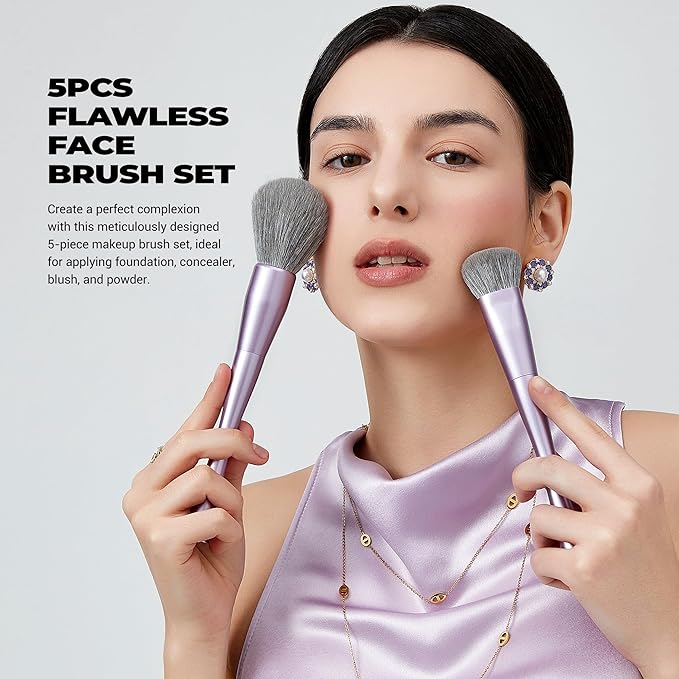 Jessup Makeup Brushes Face 5pcs, Premium Synthetic Make Up Brushes Set for Foundation Contour Blush Highlighter and Powder, Luxury Purple T514-GlimoraGlow