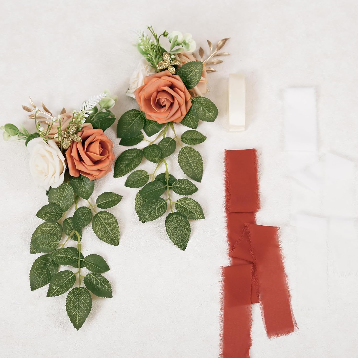 Wedding Aisle Decorations for Wedding Ceremony Set of 10 Pew Flowers for Church Chair Decorations Party Decor with Artificial Flowers Eucalyptus and Ribbons Terracotta