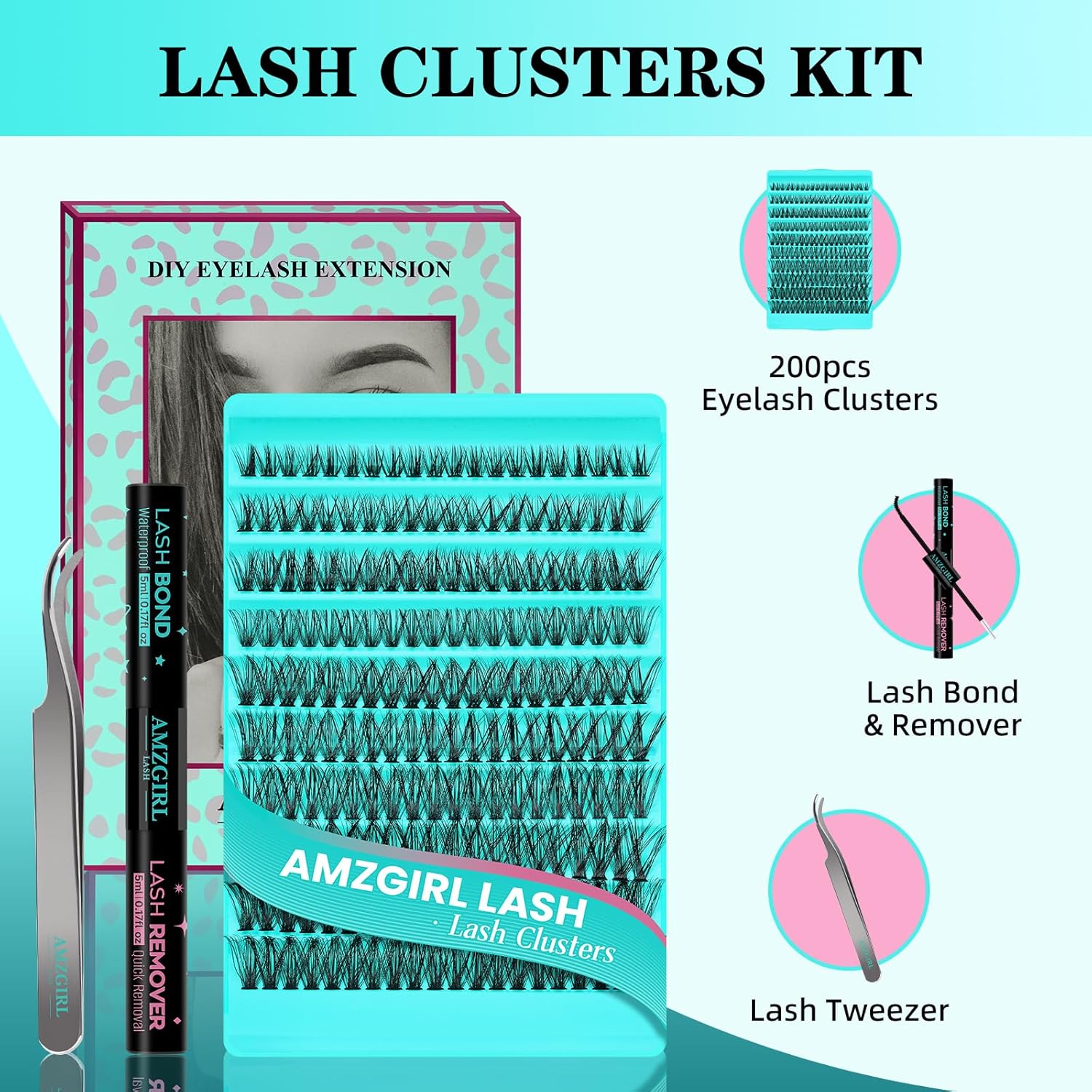 Lash Clusters Kit 200PCS 50D Eyelash Extension Kit D Curl Wispy Eyelash Clusters DIY Natural Individual Lashes Kits Lashes Extensions Kit with Lash Bond and Remover Eyelash Tweezer at Home-GlimoraGlow