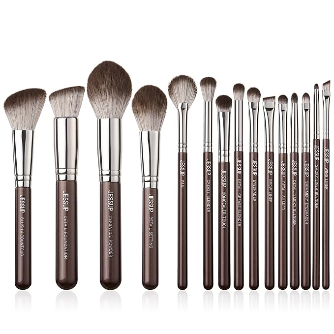 Jessup Makeup Brushes Set 15pcs Brown Make up Brushes Set Professional Premium Synthetic Foundation Eyebrow Concealer Blush Eyeshadow Contour Eyeliner Powder Blending Highlighter Brush, T498-GlimoraGlow