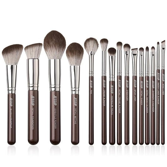 Jessup Makeup Brushes Set 15pcs Brown Make up Brushes Set Professional Premium Synthetic Foundation Eyebrow Concealer Blush Eyeshadow Contour Eyeliner Powder Blending Highlighter Brush, T498-GlimoraGlow