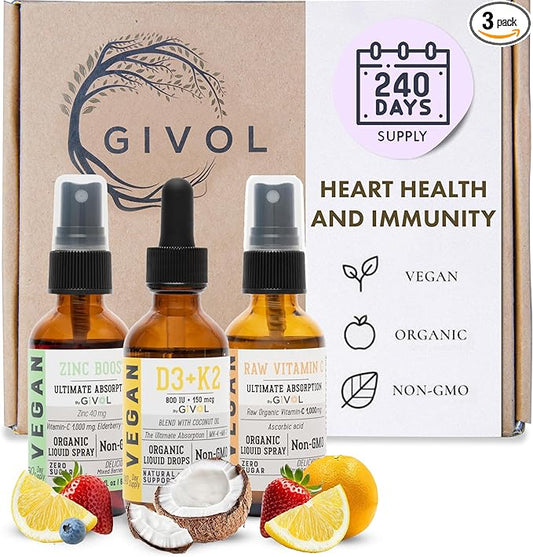 Immunity Support Pack - Raw Vitamin C, D3 & K2 Liquid, Zinc Picolinate - Premium Heart Health Vitamins w/Essential Minerals, Antioxidant Properties, & Cardiovascular Benefits - 180 Days Supply-GlimoraGlow