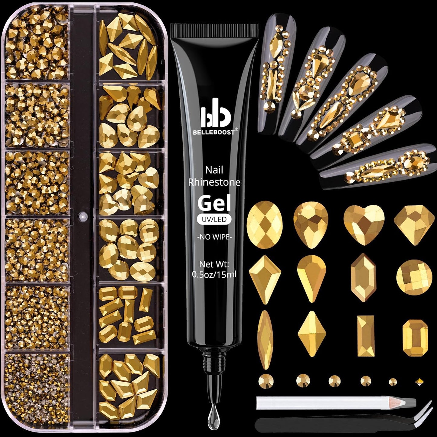 2060Pcs Mineral Gold Glass Nail Rhinestones 60Pcs Multi Shapes Flatback Nail Gems + 2000Pcs 1.5-4mm Round Crystal with Rhinestones Glue Gel, Manicure Nail Charms Diamond Gemstones for Nail Art-GlimoraGlow