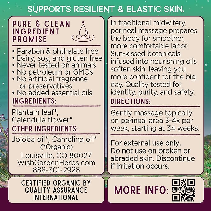 WishGarden Herbs Perineal Massage Oil - Certified Organic Herbal Oil Infusion with Plantain Leaf, Calendula & Jojoba Oil, Supports Skin Elasticity & Prevents Perineum Tearing During Childbirth, 2oz-GlimoraGlow