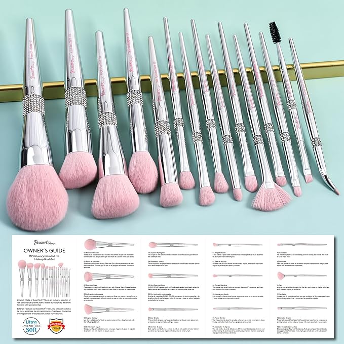 Bueart Design Elegant pink Ultra soft labeled Makeup Brushes Sets with Brush Holder makeup brush set with Foundation Powder blush blending contour Brush (15Pcs Silver Pink+Holder)-GlimoraGlow