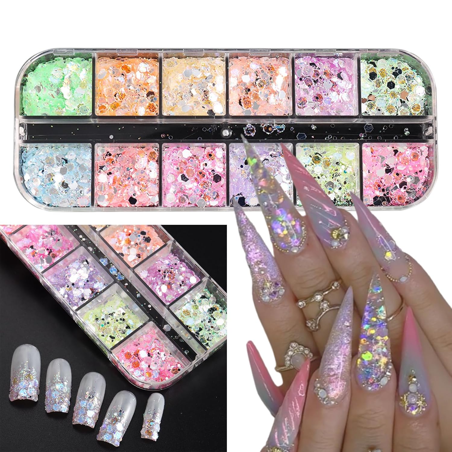 12 Grids Colorful Mermaid Nail Sequin Holographic Nail Art Glitter,Iridescent Nail Art Flake Glitter Decals Glass Paper Design Nail Accessories Acrylic Nails for Women Make Up DIY Nail Decoration-GlimoraGlow