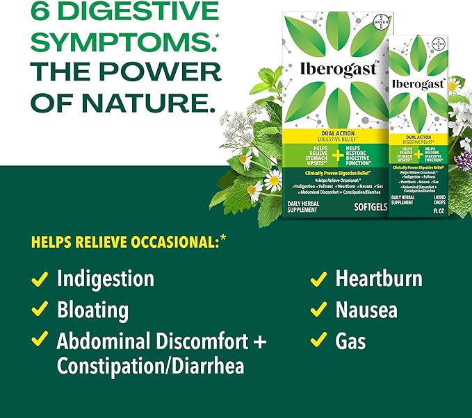Iberogast Liquid Drops, Herbal Relief of Stomach Upsets: Occasional Indigestion, Bloating, Gas, Nausea, Upset Stomach; Gluten Free; 6-Herb Blend with Iberis Amara, Peppermint, Licorice; 50mL-GlimoraGlow