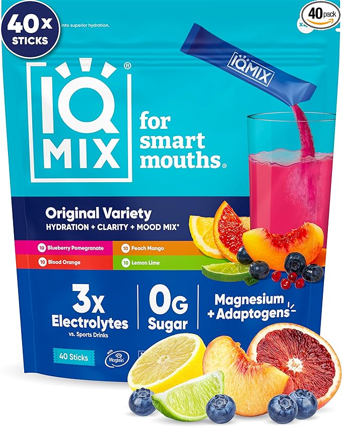 IQMIX Hydration Electrolyte Powder – 4-in-1 Formula for Hydration, Mental Clarity, Mood and Recovery – Sugar-Free Drink Mix, Keto, Magnesium L-Threonate, Lion’s Mane – 40 Count Variety Pack-GlimoraGlow