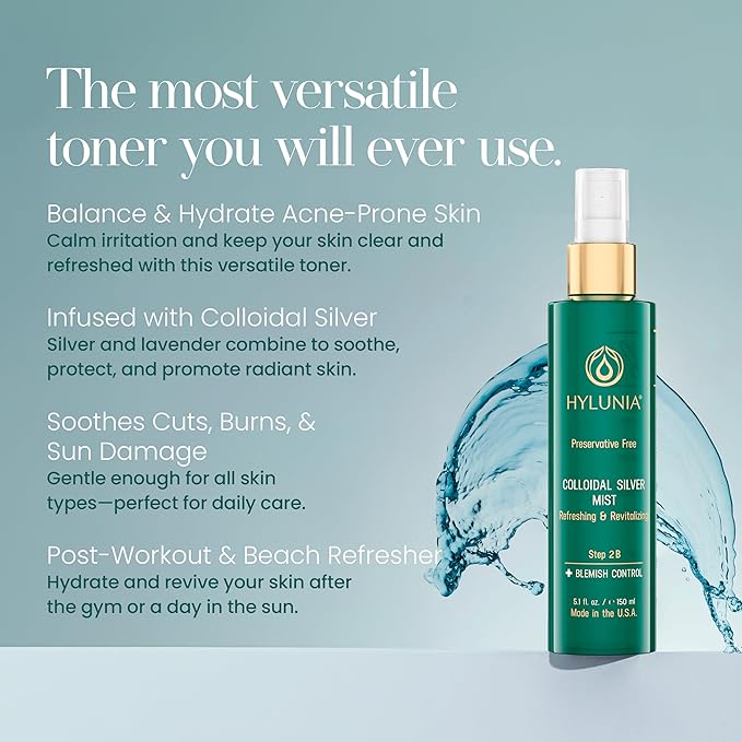 Hylunia Colloidal Silver Mist Toner 5.1 fl. oz. – Hydrating Versatile Toner for Acne-Prone Inflamed Skin | Infused with Colloidal Silver & Lavender for Glowing Skin Cuts & Burns, Body-Refresher-GlimoraGlow