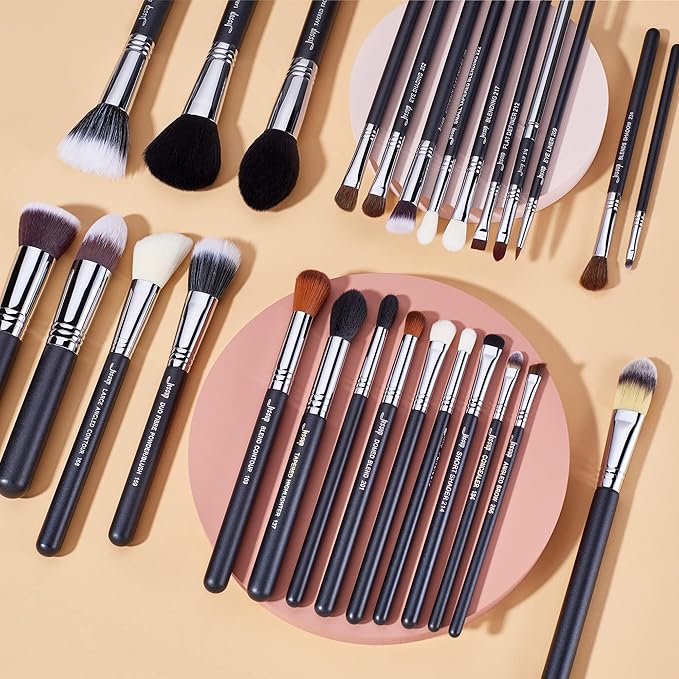 Jessup Makeup Brushes Set Professional 27 pcs Brush Makeup Premium Synthetic Foundation Contour Powder Blush Highlighter Eyeshadow Concealer Brow Face Make Up Brushes Tools Black/Silver T133-GlimoraGlow