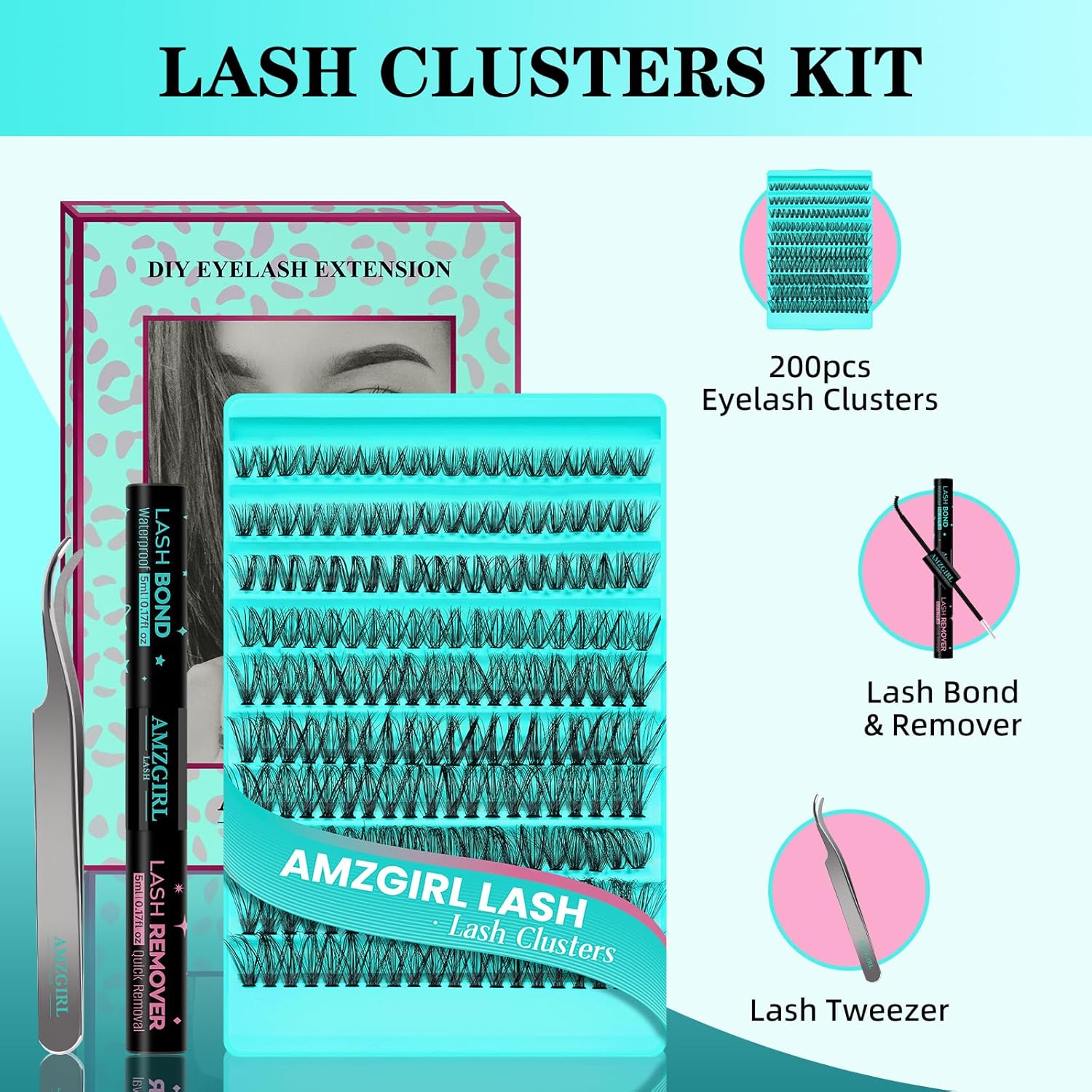 Lash Clusters Kit 200PCS 40D Eyelash Extension Kit D Curl Wispy Eyelash Clusters DIY Natural Individual Lashes Kits Lashes Extensions Kit with Lash Bond and Remover Eyelash Tweezer at Home-GlimoraGlow