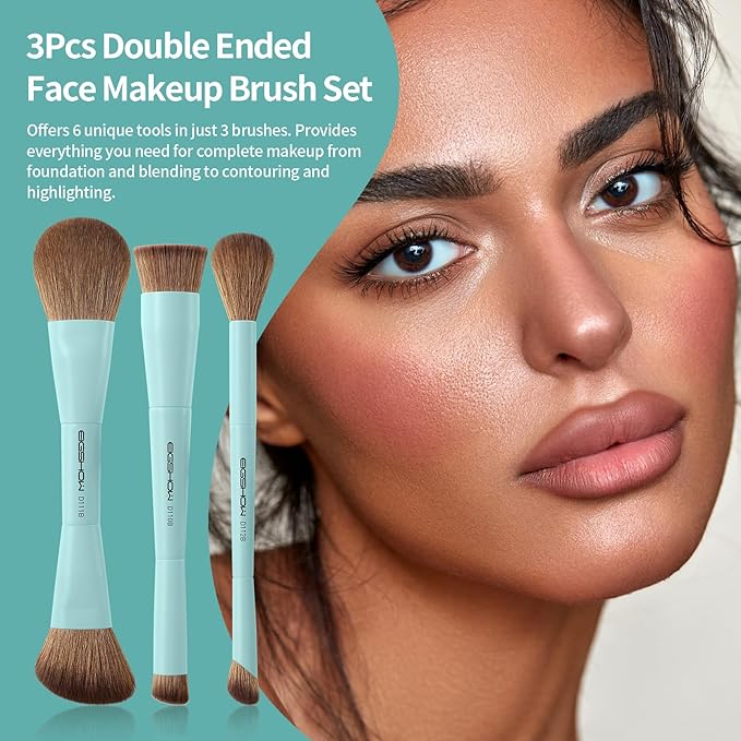 EIGSHOW Makeup Brush Set, 3Pcs Dual Ended Face Makeup Brushes for Foundation Powder Contour Highlight Concealer Nose Shadow, Travel Gift Set (Cyan)-GlimoraGlow