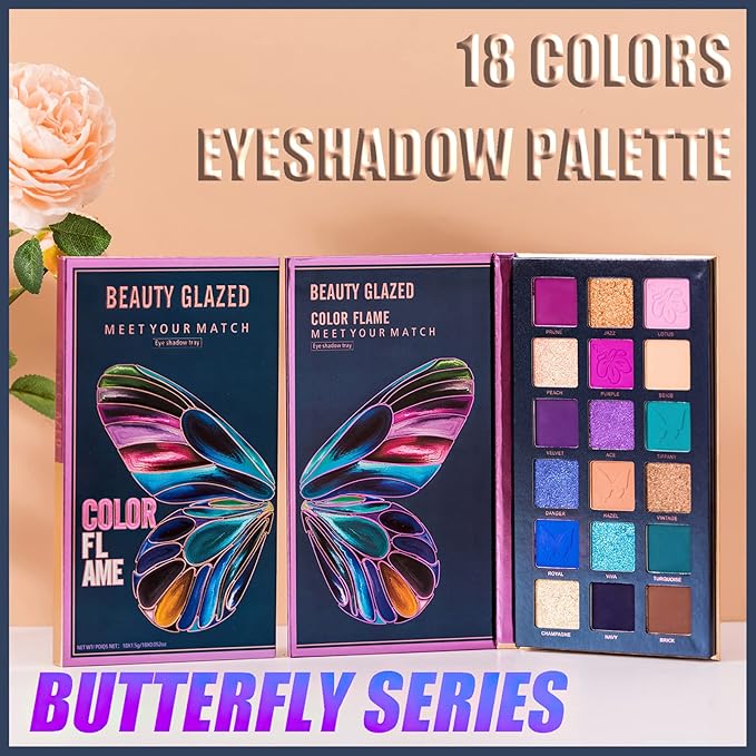 18 Colors Eyeshadow Palette, Butterfly Series Highly Pigmented Eye Makeup Palette, Matte Shimmer Metallic Powder Eyeshadow Pallet, Makeup Palette Cosmetics Gift, 110-GlimoraGlow