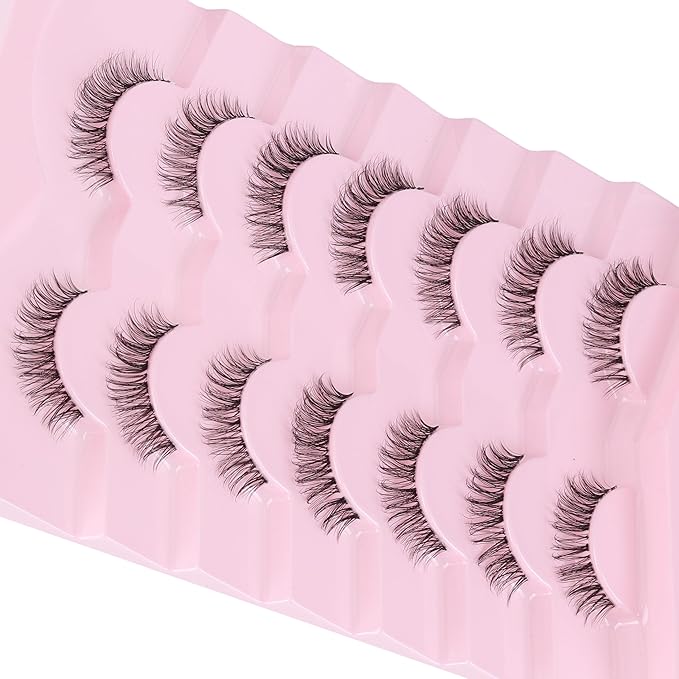 Natural Lashes False 11mm Short Eyelashes Wispy C Curl Eye Lashes Pack with Thin Cotton Band Fake Eyelash 3D Volume For Daily Siligli Lash 7 Pair-GlimoraGlow