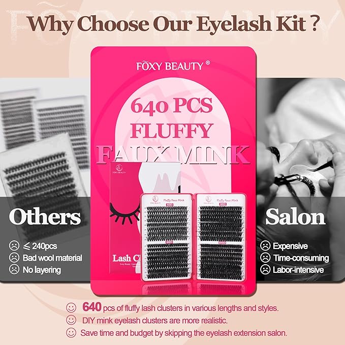 Lash Clusters 640PCS - Natural Fluffy Lash Clusters 40D+60D+80D+100D Fluffy Wispy Lash Clusters D Curl Lash Extension 11-18MM Individual Lash Clusters Cluster Eyelash Extensions for Beginners-GlimoraGlow