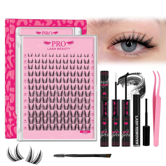 PROLASHBEAUTY Manga Lash Clusters Kit Wispy Eyelash Clusters DIY Lash Extension Kit Individual lashes Incisible Band Eyelash Extension Kit with Lash Glue, Tweezers Lash Brush (Genie,8-16mix)-GlimoraGlow