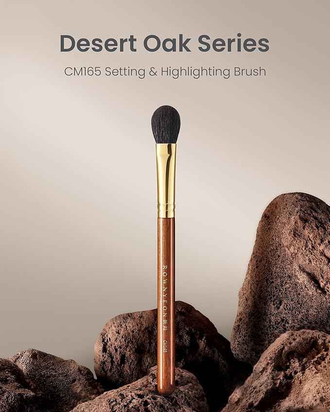Desert Oak Series Highlighter & Setting Brush - Grade-A Fine LambsGoat Hair for Airbrushed Finish, Multi-Use for Cheeks/Nose/Under-Eyes, Ebana Handle & Brass Ferrule (CM 165)-GlimoraGlow