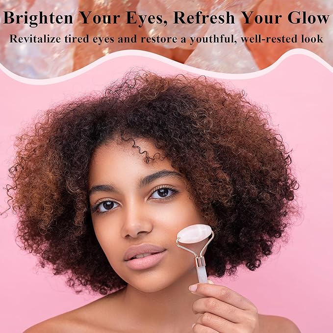 Natural Jade Roller for Face - Aging Wrinkles, Puffiness Facial Skin Massager Treatment Therapy - Premium Jade Stone, by Crystal Lemon (Rose Quartz)-GlimoraGlow