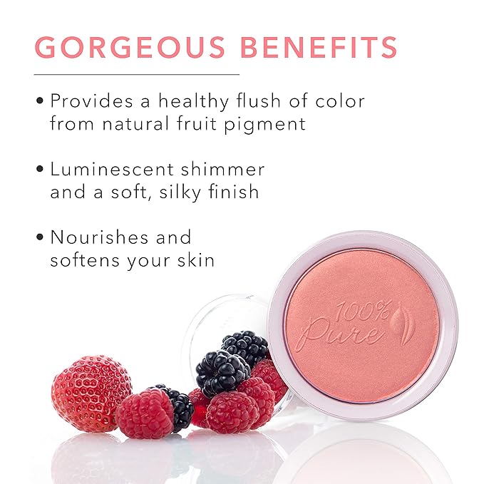 100% PURE Powder Blush (Fruit Pigmented), Mimosa, Soft Shimmery Finish, Nourishes Skin w/Rosehip Oil, Cocoa Butter, Natural Makeup (Light Coral) - 1.81 oz-GlimoraGlow