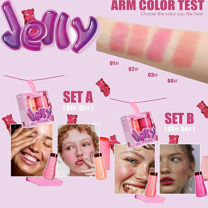 2 Pcs Milk Jelly Blush, Milk Cooling Water Jelly Tint, Vivid Color Water Jelly Tint Milk Blush, Sheer Eye Lip & Cheek Stick Stain, Long Wearing, Watercolor Finish Lip Gloss for Women, 01&02-GlimoraGlow