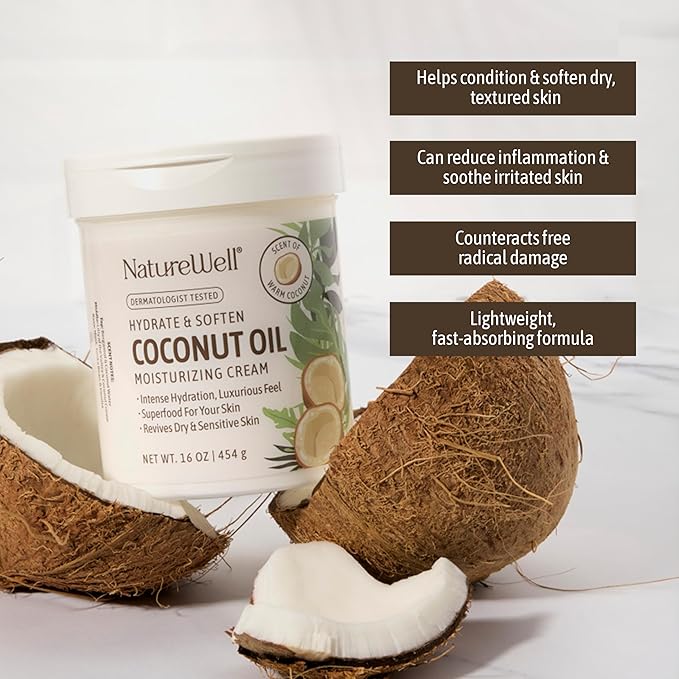 NATURE WELL Hydrate & Soften Coconut Oil Moisturizing Cream for Face, Body, & Hands, Non-Greasy, Intense Hydration & Luxurious Feel, Revives Dry & Sensitive Skin, Superfood for Your Skin, 16 Oz-GlimoraGlow