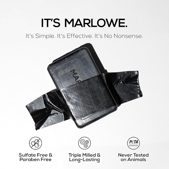 MARLOWE. No. 106 Charcoal Soap 7 oz, Body Bar Soap for Men, Cleansing, Purifying & Hydrating with Natural Extracts, Shea Butter, Olive Oil & Green Tea Extracts, Fresh Woodsy Scent-GlimoraGlow