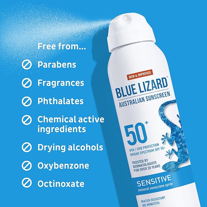 Blue Lizard Sensitive Mineral Sunscreen Spray SPF 50+, Dermatologist-Recommended Brand, Broad-Spectrum UVA/UVB Protection, Water-Resistant, Zinc Oxide Formula, 5 fl oz (Pack of 2)-GlimoraGlow