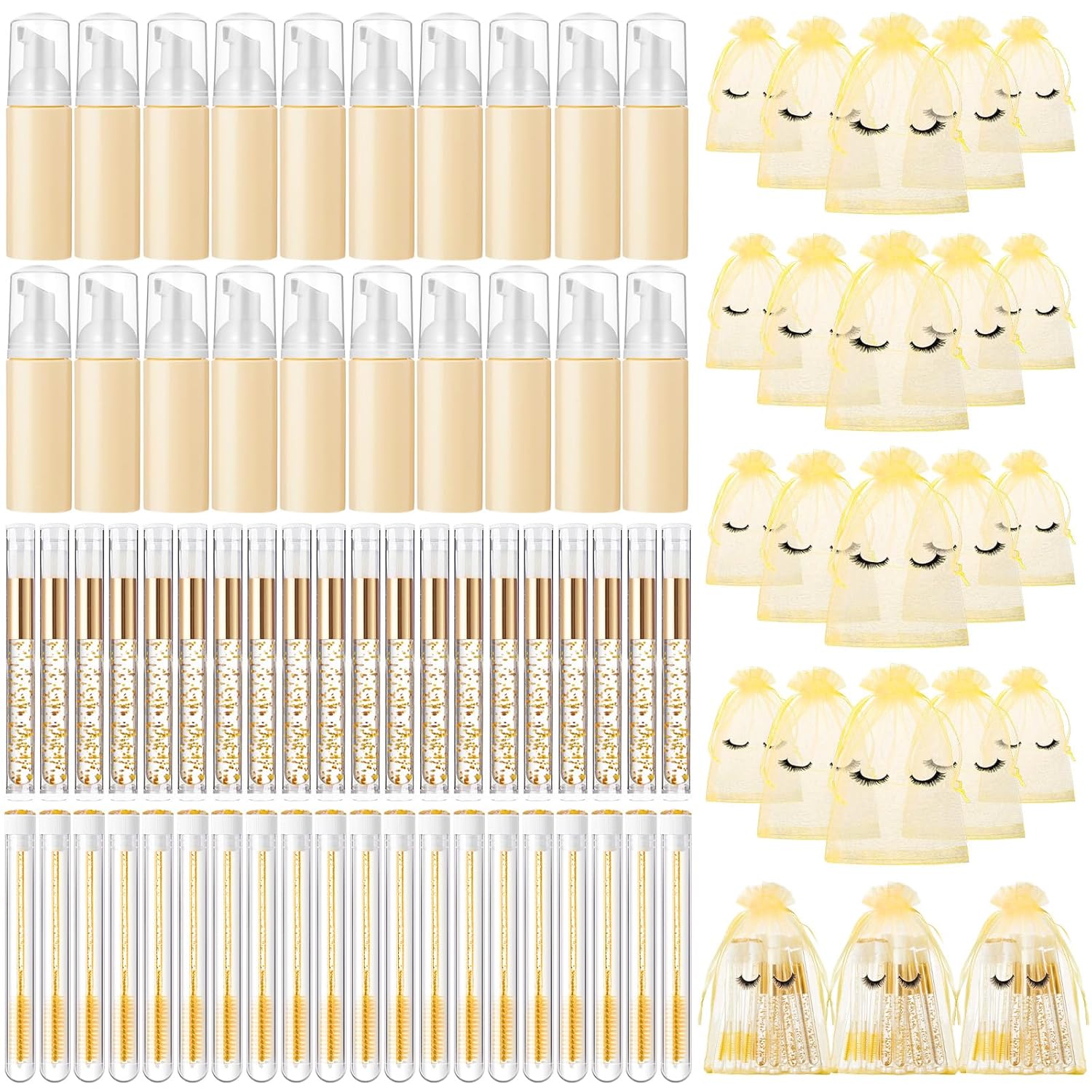 Zhehao 80 Pcs Lash Shampoo Bottle Brushes Kit 20 Foam Pump Dispensers 20 Lash Shampoo Brushes 20 Eyelash Aftercare Bag 20 Cleaning Pipes, Eyelash Extension Supplies(Gold)-GlimoraGlow