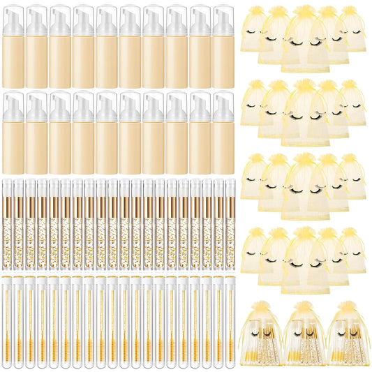 Zhehao 80 Pcs Lash Shampoo Bottle Brushes Kit 20 Foam Pump Dispensers 20 Lash Shampoo Brushes 20 Eyelash Aftercare Bag 20 Cleaning Pipes, Eyelash Extension Supplies(Gold)-GlimoraGlow