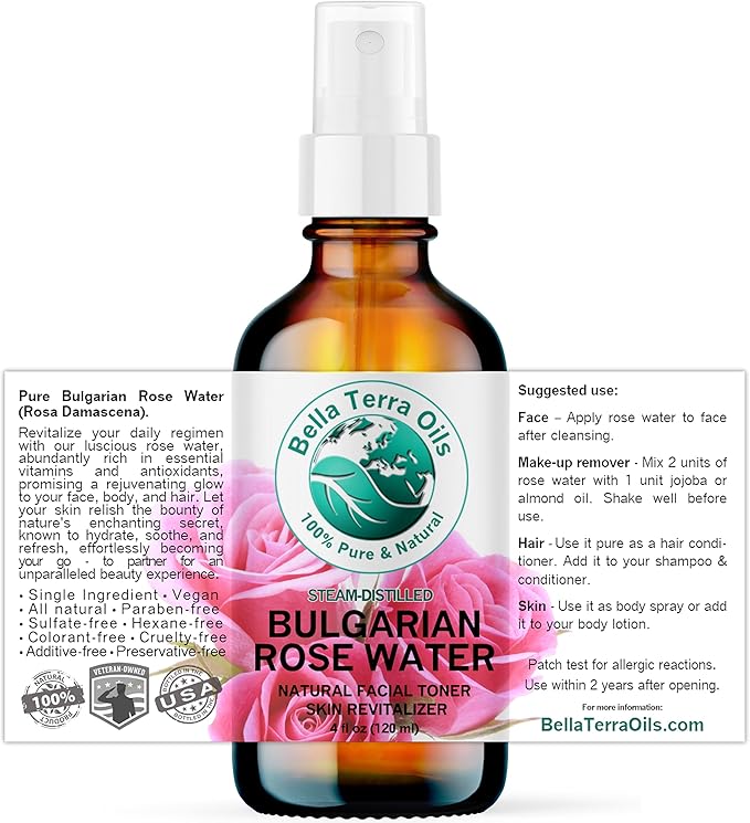 Bella Terra Oils - Organic Rose Water Mist 4 oz - Capture The Bulgarian Rose Essence, Perfect as a Gentle Rosewater Face Mist, Free from Synthetics-GlimoraGlow