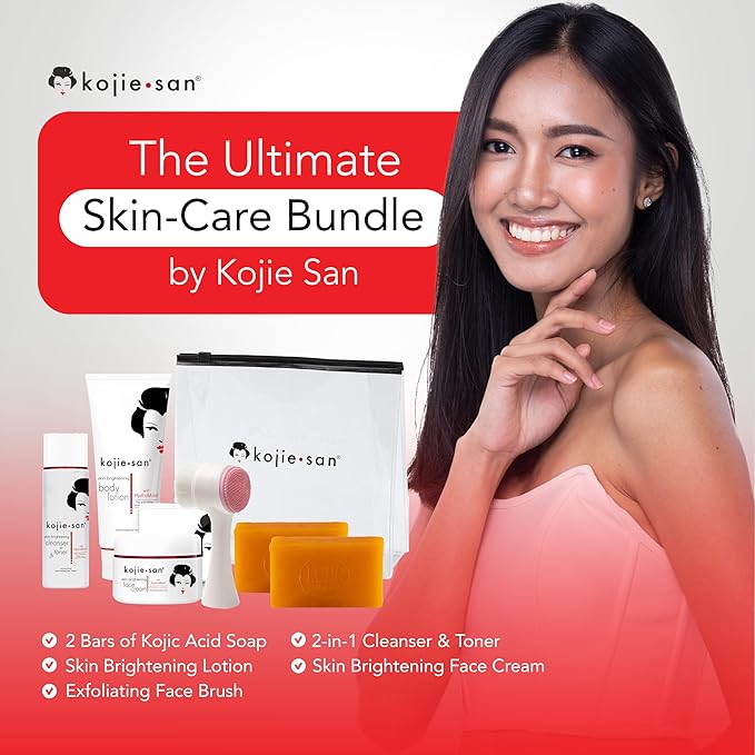 Kojie San Face & Body Shower Set - The Original Kojic Acid Soap that Reduces Visibility of Dark Spots, Hyperpigmentation, and Other types of Skin Damage – 135g x 2 Bars with Lotion, Cream and Toner-GlimoraGlow