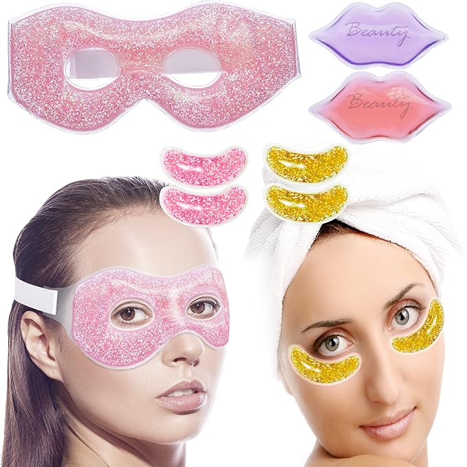 Ice Under Eye Patches Eye Mask Lip Care Gel Pads Treatment Mask Lip Mask, Cooling Eye Lip Gel Masks Cold Hot Therapy for Wrinkles Firming Swelling Cosmetic Bruising Reusable 7 Pack-GlimoraGlow