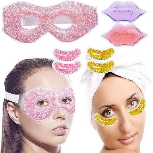 Ice Under Eye Patches Eye Mask Lip Care Gel Pads Treatment Mask Lip Mask, Cooling Eye Lip Gel Masks Cold Hot Therapy for Wrinkles Firming Swelling Cosmetic Bruising Reusable 7 Pack-GlimoraGlow