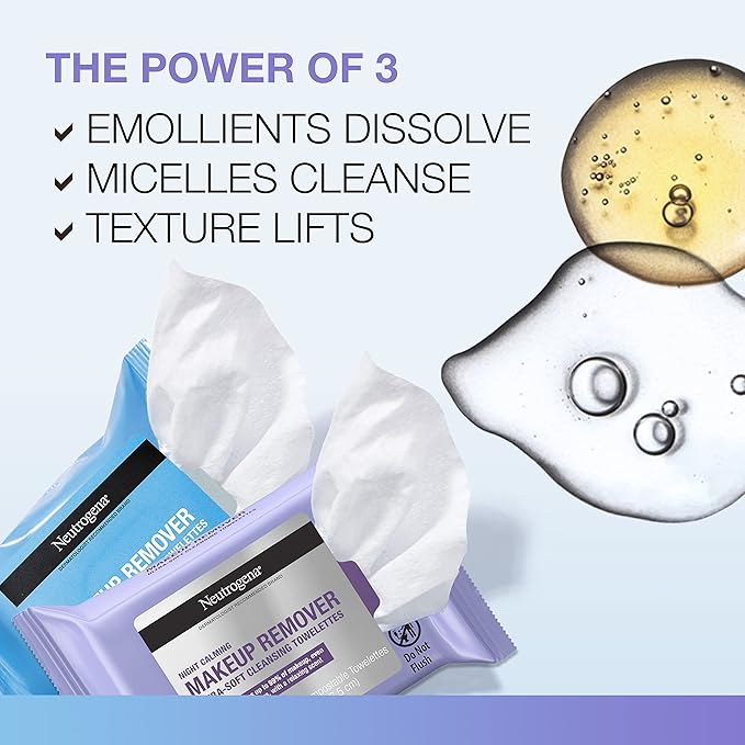 Neutrogena Day & Night Wipes, Makeup Remover Face Cleansing Towelettes & Night Calming Facial Cloths, 100% Plant Based Fibers Wipe Away Dirt, Alcohol-Free, 3 Packs of 25 ct, 75 ct-GlimoraGlow