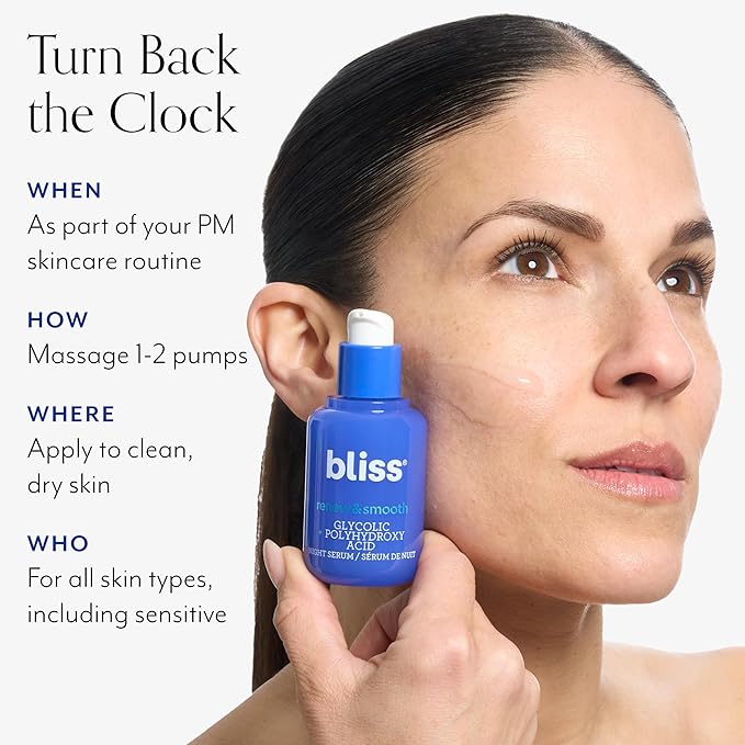 Bliss Glycolic + Polyhydroxy Acid Renew & Smooth - Night Serum - Gently Exfoliate Skin - Hydrating Squalane - Vegan & Cruelty-Free - 1 Fl Oz-GlimoraGlow