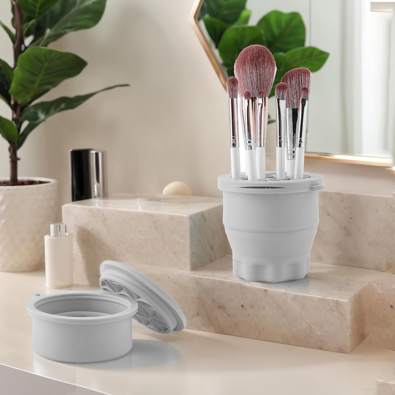 Makeup Brush Cleaner - Foldable Silicone Makeup Brush Cleaner Mat with Brush Storage Holder Makeup Brush Cleaning Bowl Cosmetic Brush Washing Tool for Cleaning Organizer and Drying (Grey)-GlimoraGlow