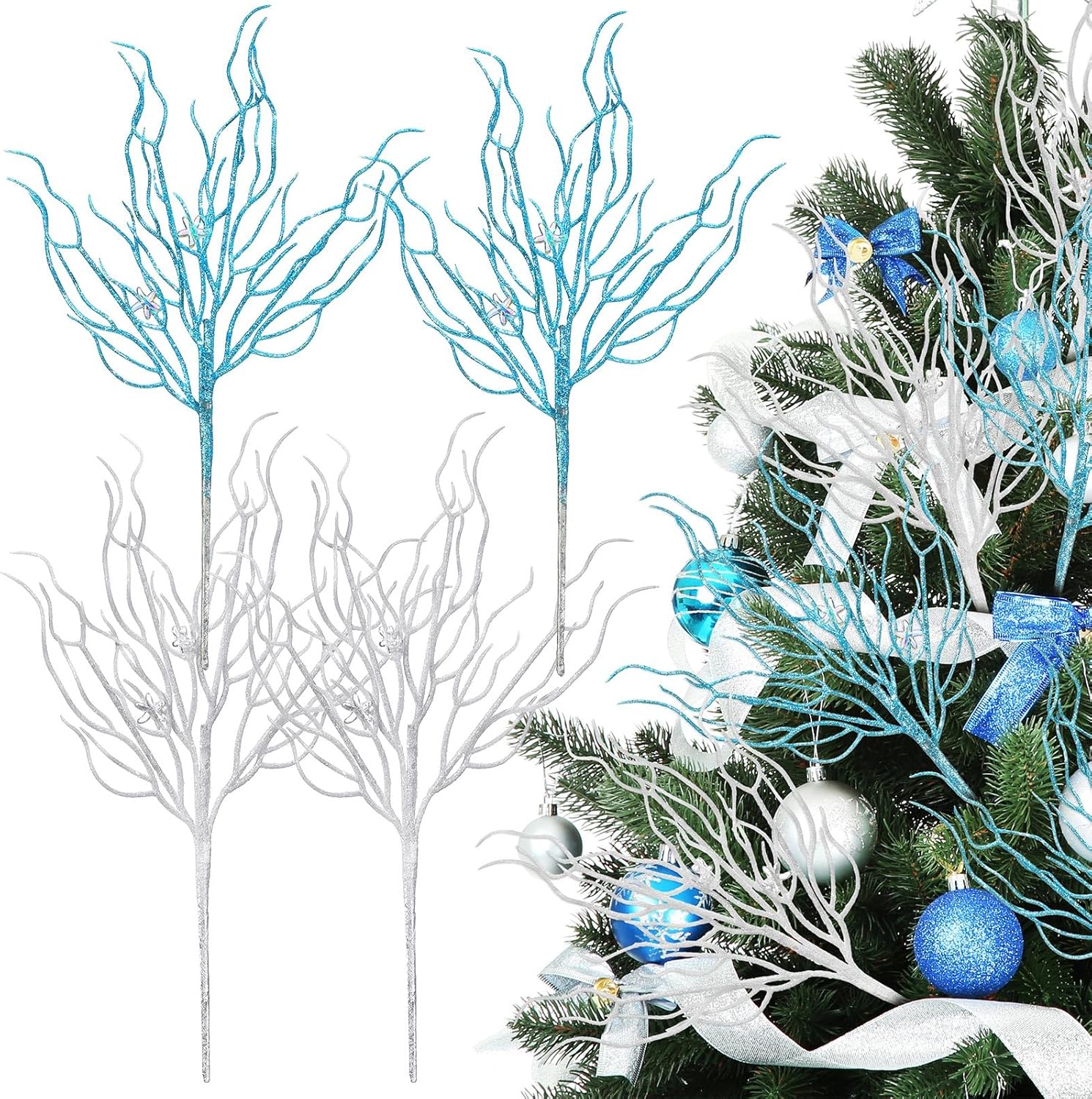 8 Pcs Blue White Coastal Ornaments for Christmas Tree 15.7inch Glitter Coral Beach Ocean Spray Pick Branch Christmas Tree Topper Decorations Filler Twigs for Xmas Vase Wreaths Gift