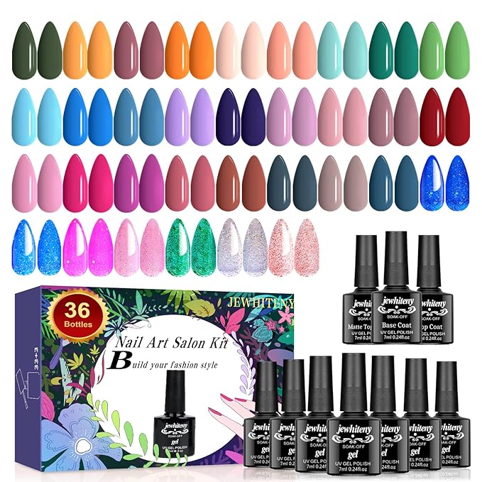 JEWHITENY Gel Nail Polish Kit, 36 Pcs 7ML Soak Off Gel Polish Set Pink Blue Green Yellow Gel Nail Kit Glitter Nail Art Starter Kit Beauty Gifts-GlimoraGlow