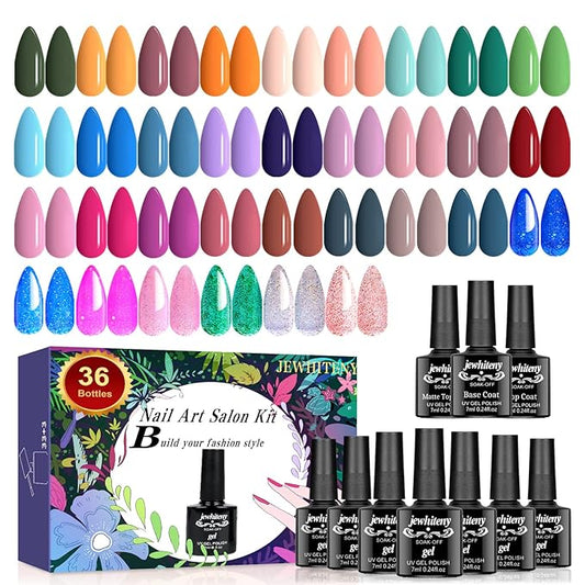 JEWHITENY Gel Nail Polish Kit, 36 Pcs 7ML Soak Off Gel Polish Set Pink Blue Green Yellow Gel Nail Kit Glitter Nail Art Starter Kit Beauty Gifts-GlimoraGlow