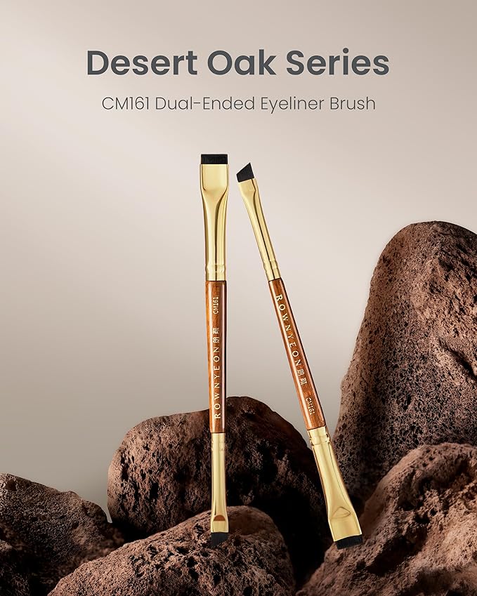 Desert Oak Series Precision Thin Eyeliner Brush - Dual-Ended Angled & Concave Tips for Winged Lines/Tightlining, Gel & Liquid Liner Compatible, Ebana Handle (CM 161)-GlimoraGlow