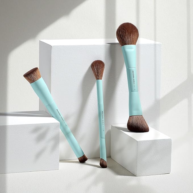 EIGSHOW Makeup Brush Set, 3Pcs Dual Ended Face Makeup Brushes for Foundation Powder Contour Highlight Concealer Nose Shadow, Travel Gift Set (Cyan)-GlimoraGlow