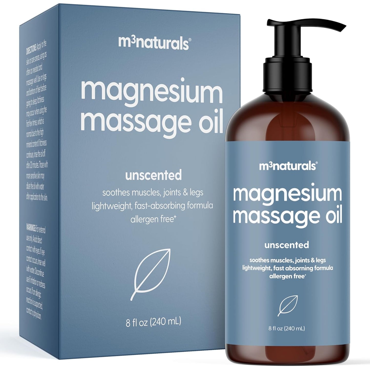 Unscented Magnesium Massage Oil for Sore Muscles, Feet, Joints and Leg Cramps, Helps with Sleeping and Post-Workout Recovery, Fragrance Free Formula for Sensitive Skin, 8 fl oz by M3 Naturals-GlimoraGlow