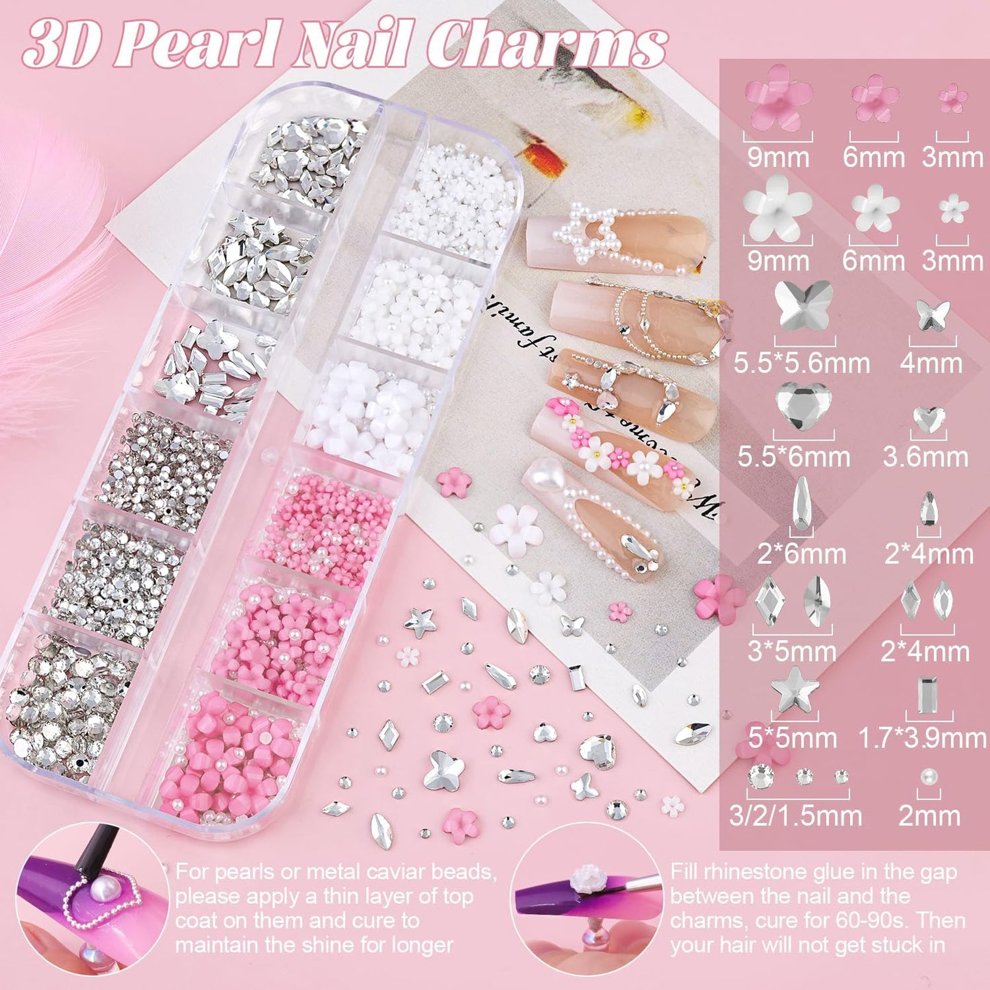 2 Boxes Metal Nail Beads (Silver+Gold) and 3D Flowers and Glass Rhinestones (Clear) for Art, Half Flatback Pearls (White) Crystals Pearl Nail Charms and Round Caviar Beads for Manicure Decor-GlimoraGlow