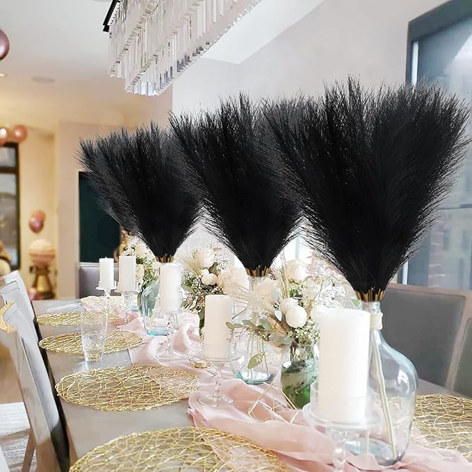 50pcs Faux Pampas Grass, 21.6" Short Artificial Pompous Grass Floral Fake Pompas Grass Branches Vase Filler Flower Arrangement for Home Wedding Boho Decor, Black