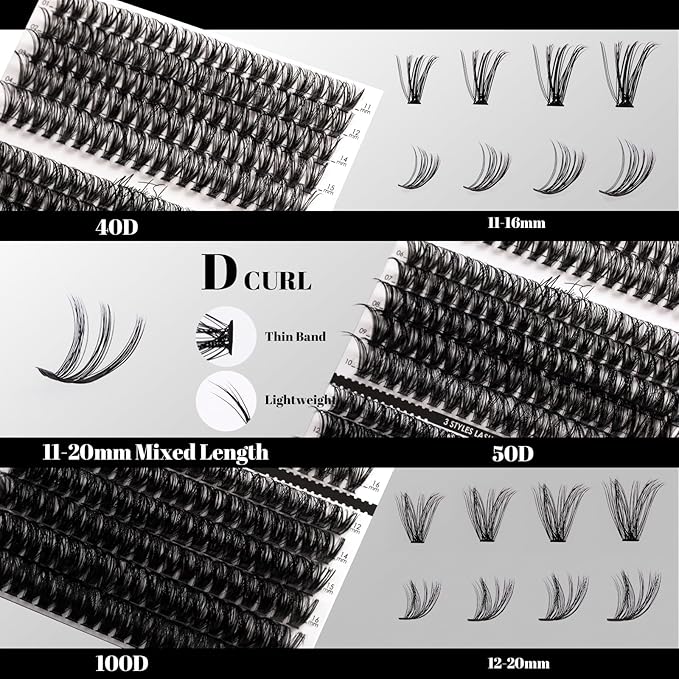 DIY Lash Extensions Kit 320pcs Individual Lashes Clusters 40D 50D 100D D Curl Eyelash Extension Kit with Applicator and Lash Bond&Seal, Lash Remover For False Eyelash Mix 11-20mm (40D+50D+100D KIT)-GlimoraGlow