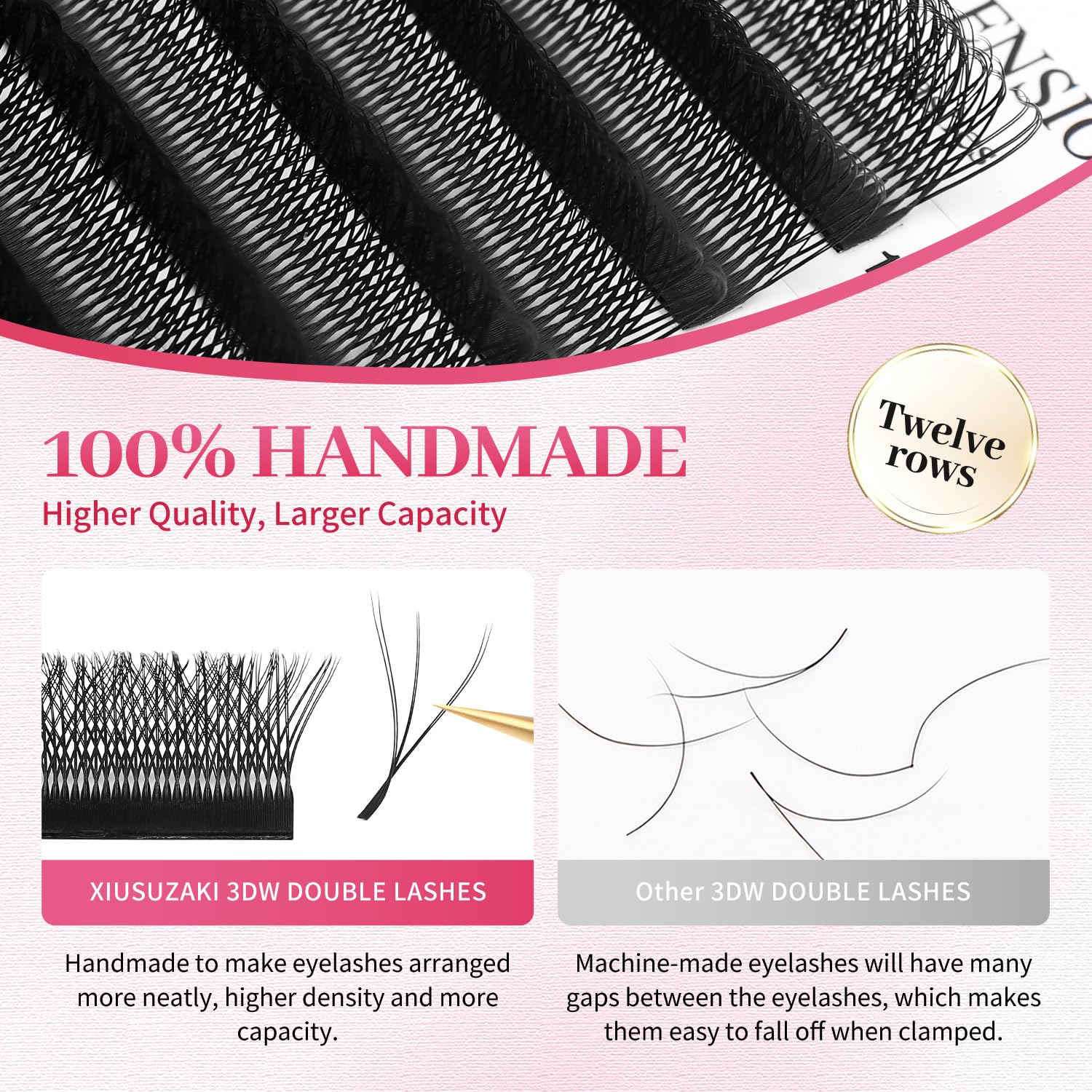 Lash Extensions Double Tips 3D Eyelash Extensions W Shape 0.07mm Thickness D Curl 14mm Premade Fans Easy Fan Volume Matte Black Crisscross Eyelashes(W-3D-Double Tips-0.07-D,14mm)-GlimoraGlow