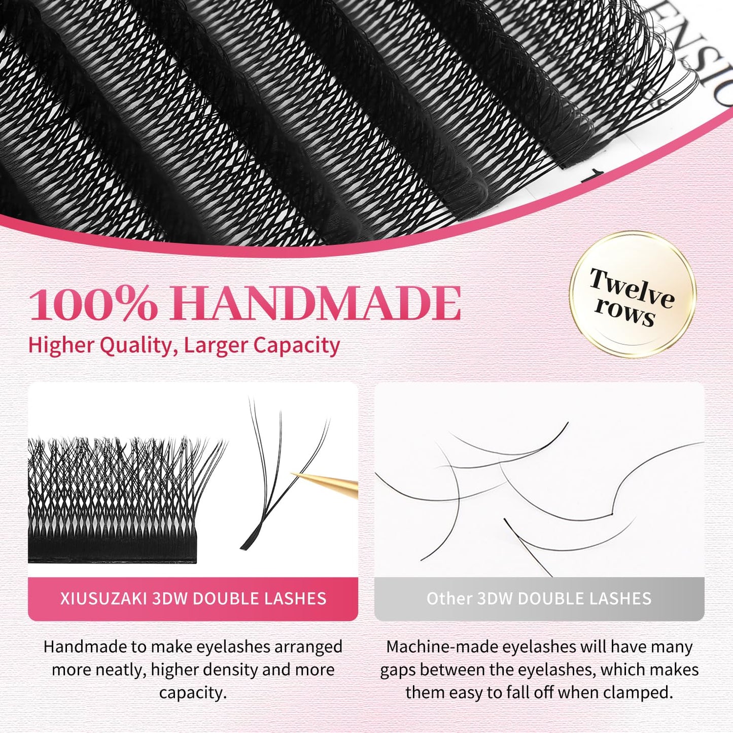 Lash Extensions Double Tips 3D Eyelash Extensions W Shape 0.07mm Thickness D Curl 9mm Premade Fans Easy Fan Volume Matte Black Crisscross Eyelashes(W-3D-Double Tips-0.07-D,9mm)-GlimoraGlow