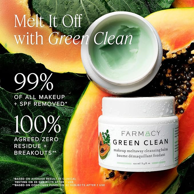 Farmacy Makeup Remover Cleansing Balm - Green Clean Waterproof Makeup Remover + Oil Based Cleanser - Gentle Exfoliating Double Cleanser - Melts From Balm to Milky Lather (100ml)-GlimoraGlow